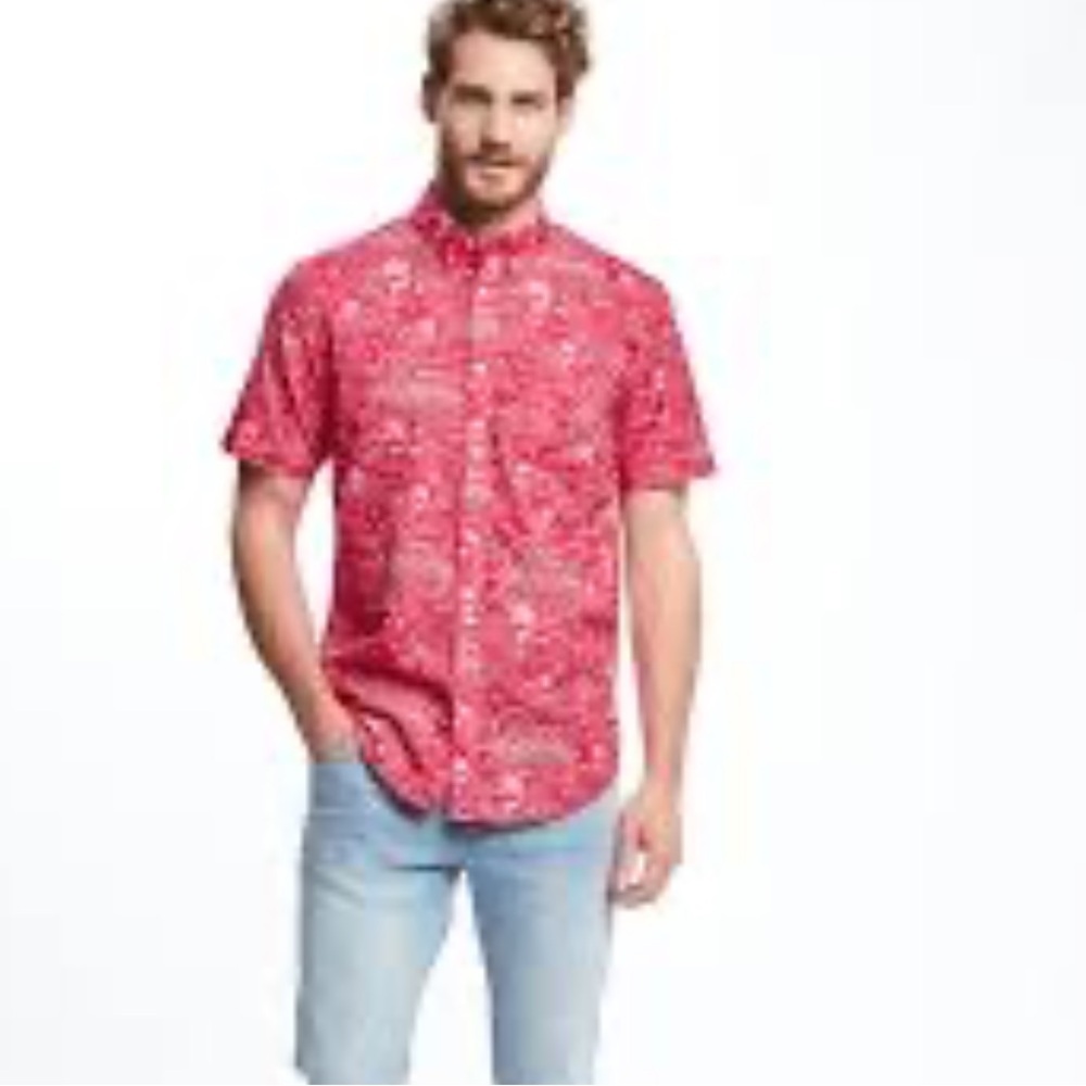 Old Navy Shirt Mens L Red Hawaiian Tropical Button Up classic Fit